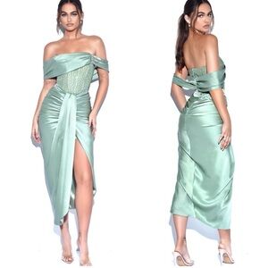 Off Shoulder Crystal Corset Satin Gown XS